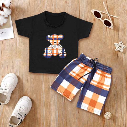 "Summer Fun Bear Print Kids Clothing Set: T-Shirt and Printed Shorts"