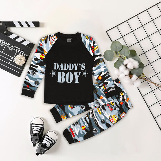 DADDY'S BOY Letter Print Short Sleeve T-shirt + Army Pants Set, Kid's Casual Outfit